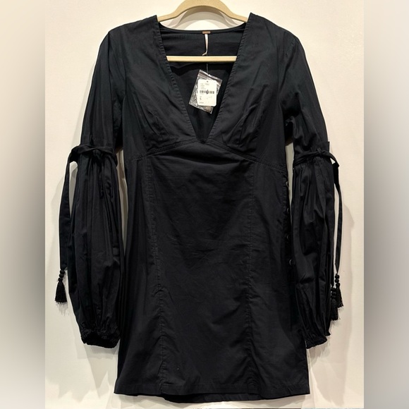 Free People Making A Statement Black Mini Cocktail Dress Pleated Puff Sleeve - Picture 3 of 7